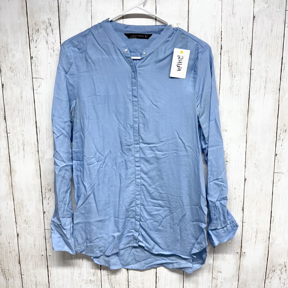 Zara Shirt Women Size Small Light Blue Long Sleeve Button Down Blouse Casual